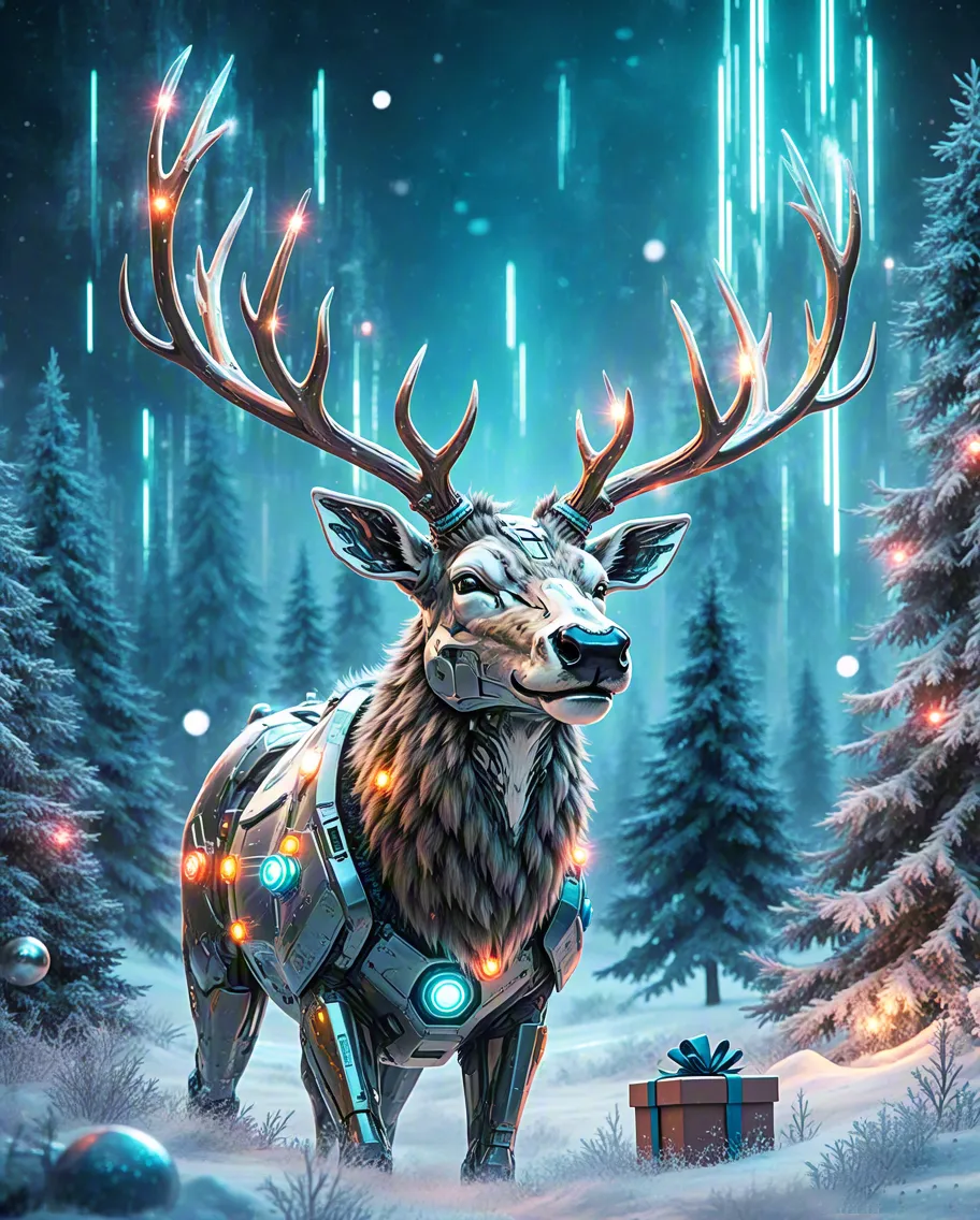 Regal reindeer with glowing ornaments standing in snowy forest