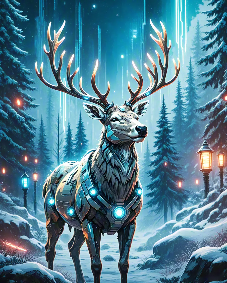 Beautiful reindeer standing in snowy forest with glowing antlers