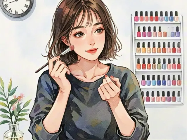 Young woman applying makeup in a cozy room with cosmetics on the table.