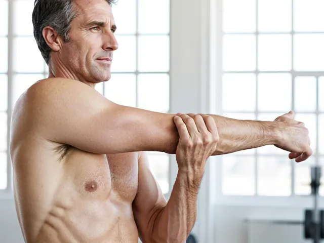 Fit man stretching arm muscles in sunlit fitness studio