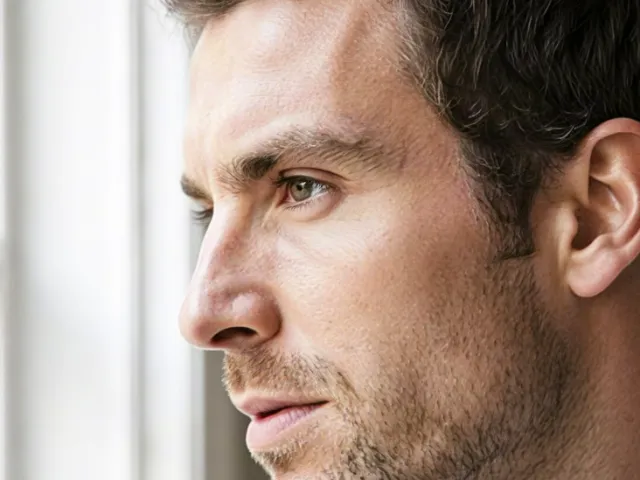Thoughtful man looking through window with soft natural lighting