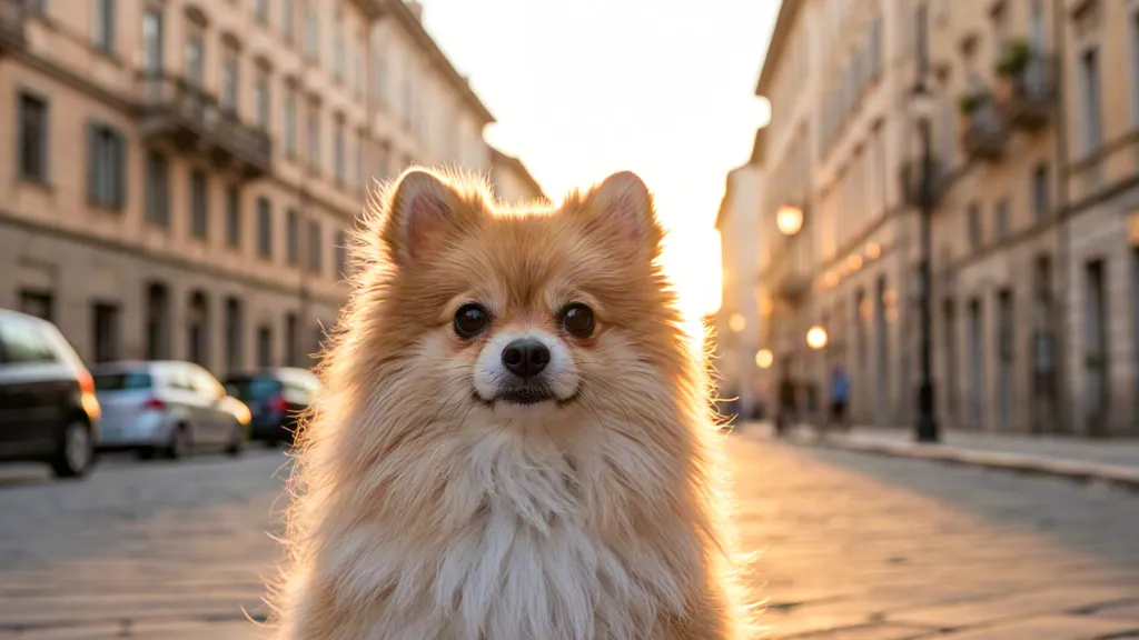mall fluffy dog sitting on city street at sunrise