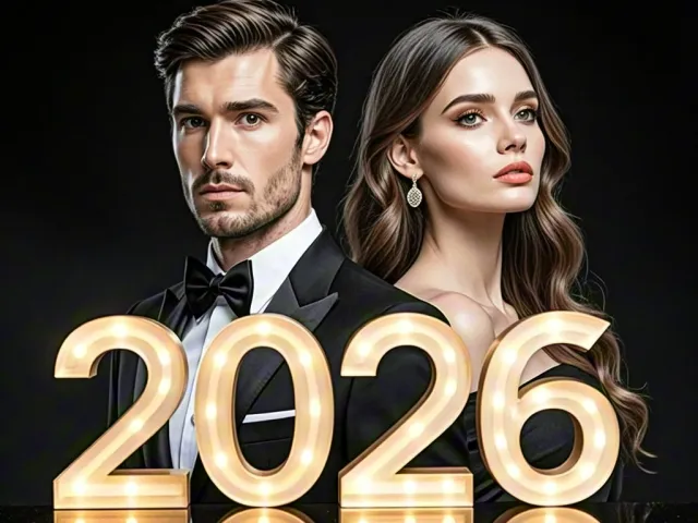 Fashion couple standing with glowing 2026 numbers in dark background