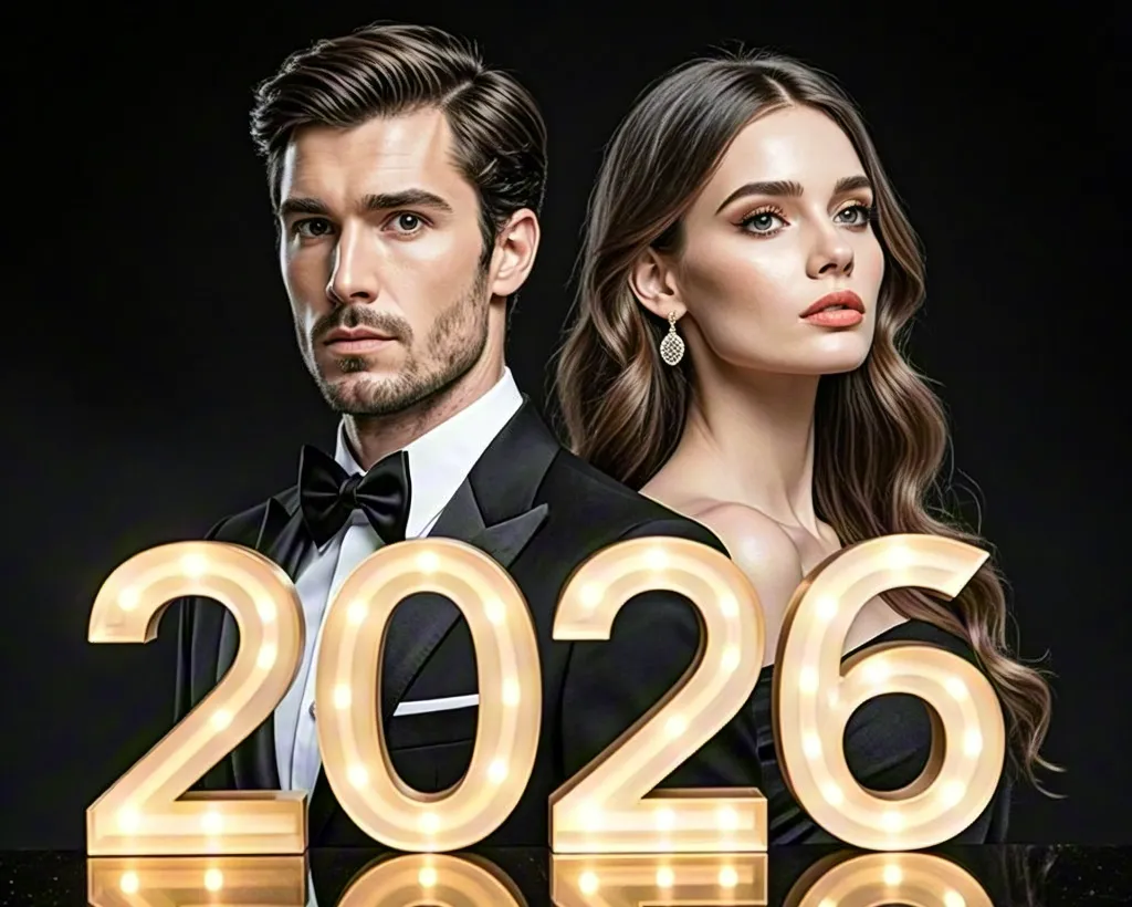 Man and woman with 2026 lights — New Year portrait