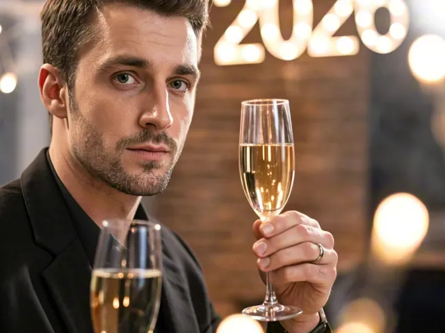 Stylish man holding champagne glass with 2026 lights in the background