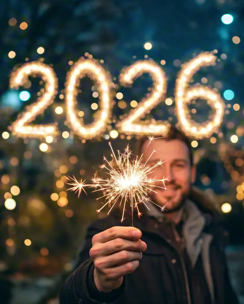 Man celebrating New Year 2026 with sparkler
