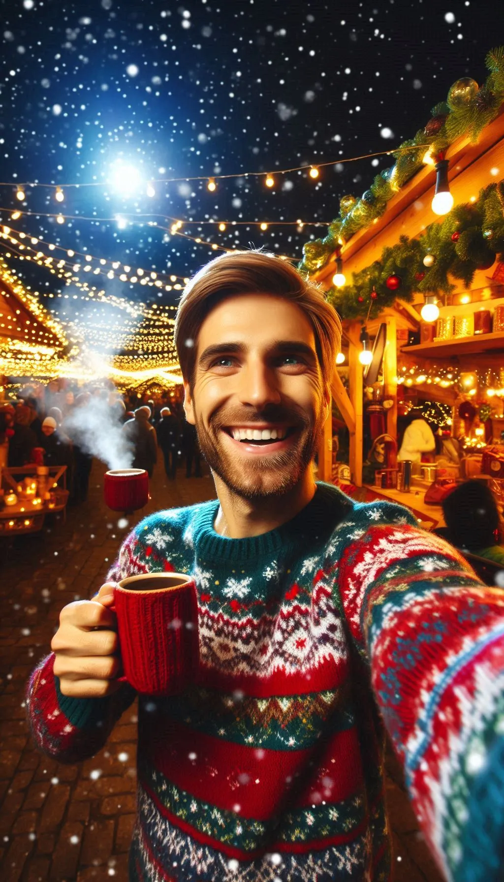 Smiling man in a Christmas sweater holding a warm drink at a winter fair