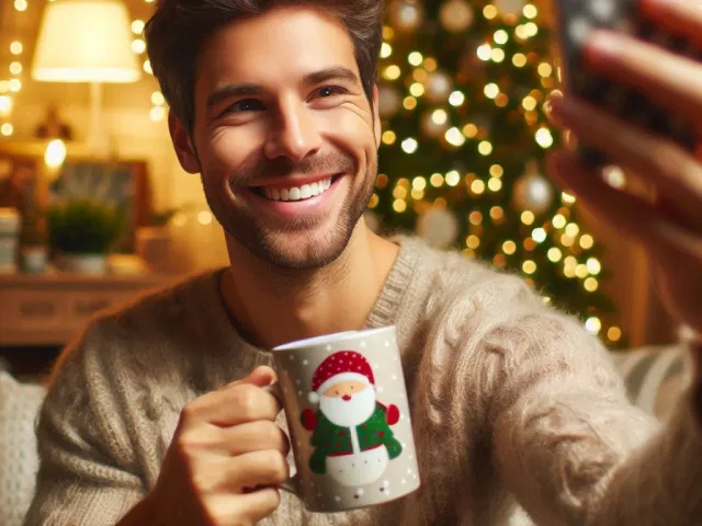 Smiling man taking a selfie with a holiday mug near Christmas tree