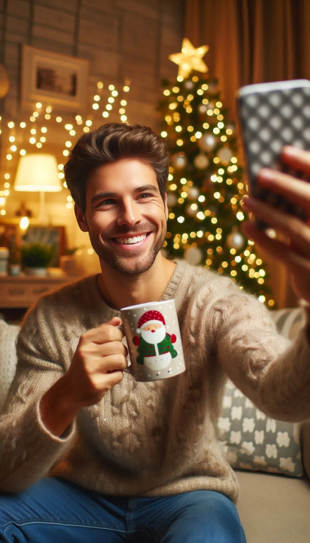 Smiling man taking a selfie with a holiday mug near Christmas tree