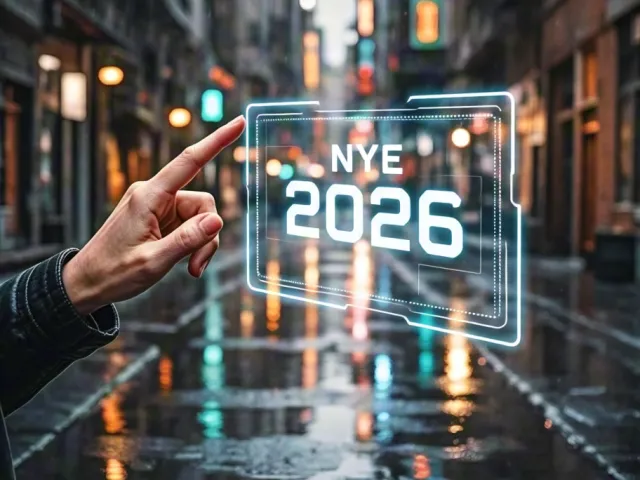 Man interacting with floating holographic NYE 2026 interface