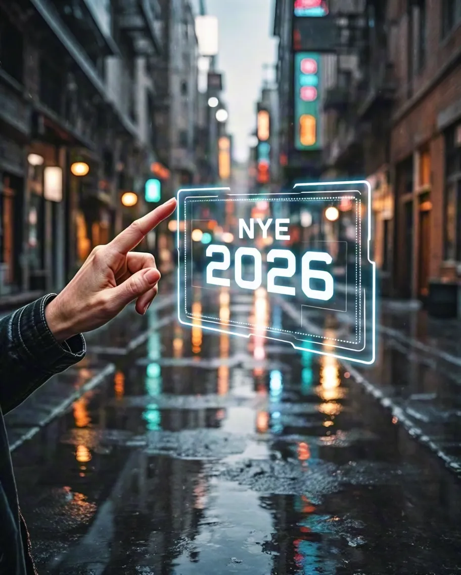 Man interacting with floating holographic NYE 2026 interface