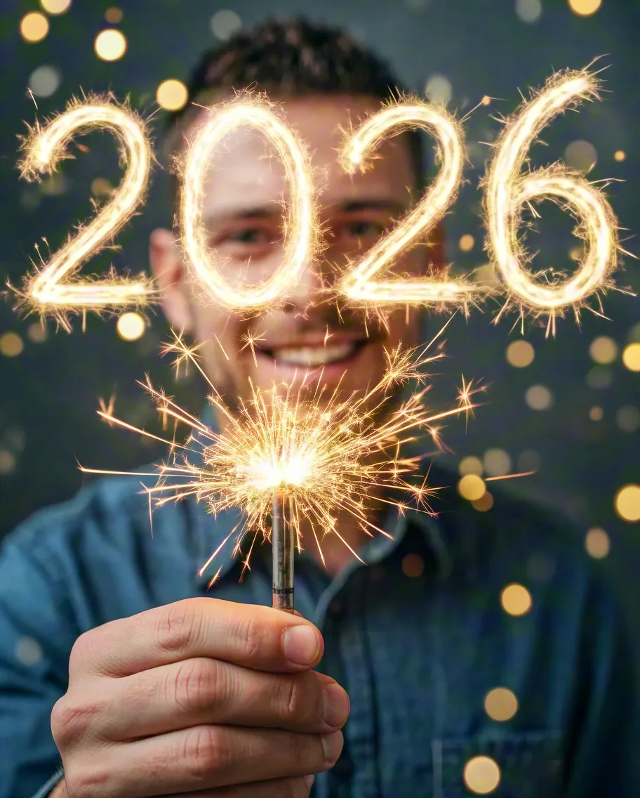 Portrait of a man smiling and holding a sparkler in front of glowing 2026 numbers