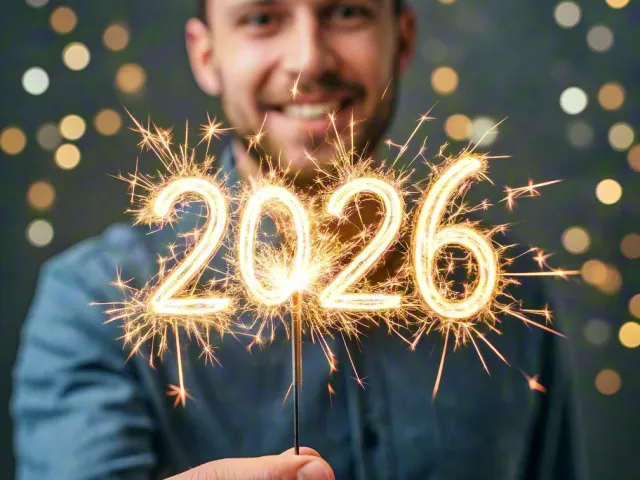 Smiling man holding 2026 sparkler lights in festive atmosphere