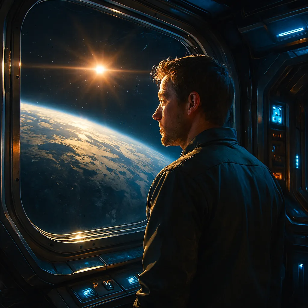 Man looking at Earth from spacecraft window