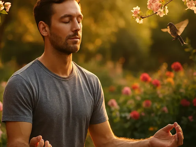 Young man sitting cross-legged in garden practicing meditation in evening light.