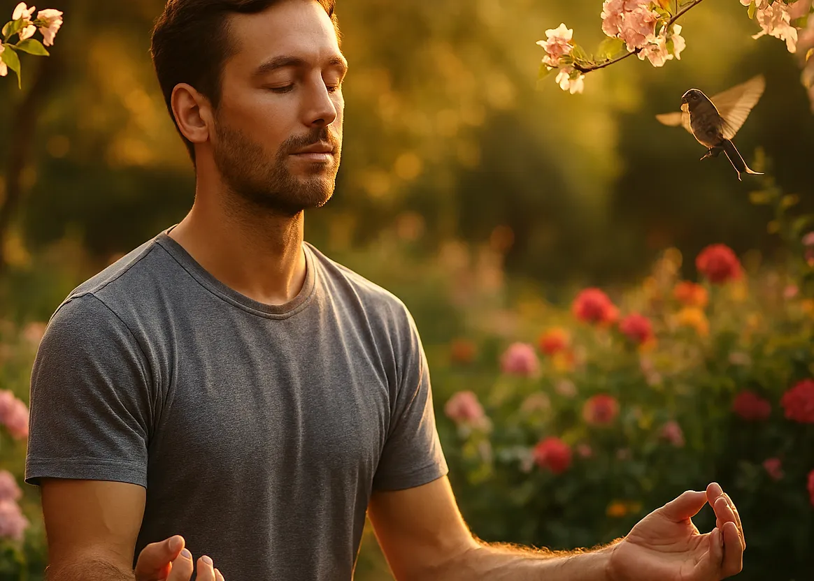 Young man sitting cross-legged in garden practicing meditation in evening light.