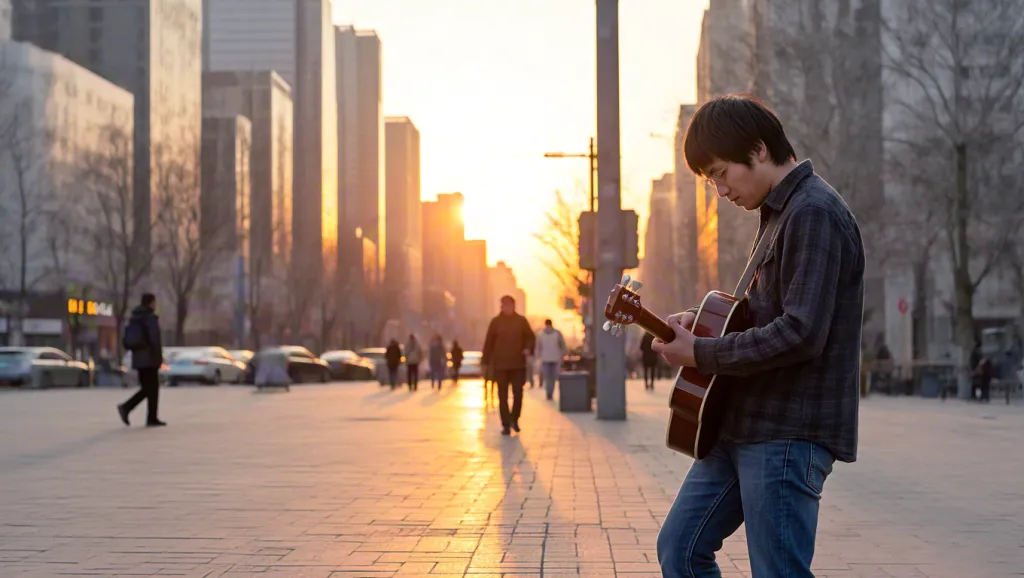 Man playing guitar in city street