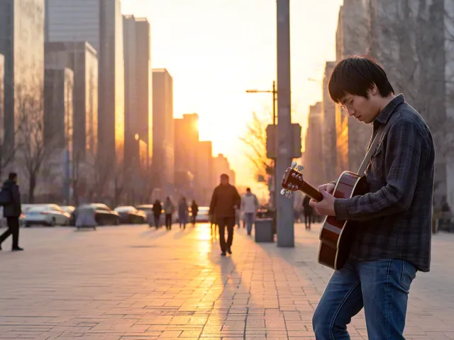 Street musician performing at sunset