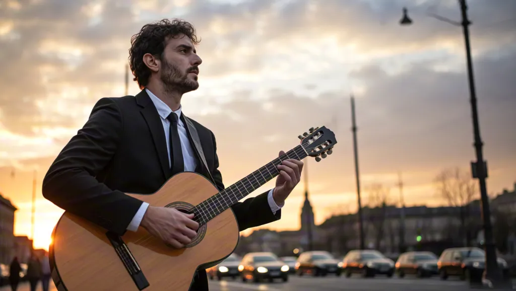 Man playing guitar in city street