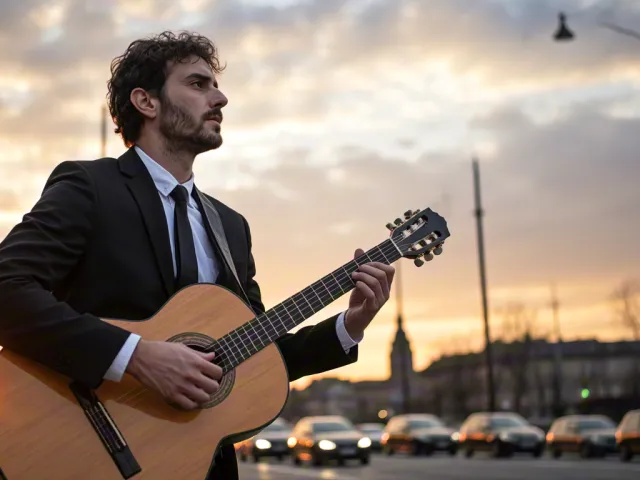 Street musician playing acoustic guitar