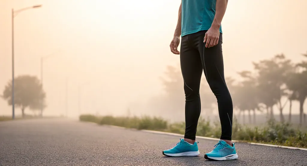 Man standing on foggy morning road ready for exercise