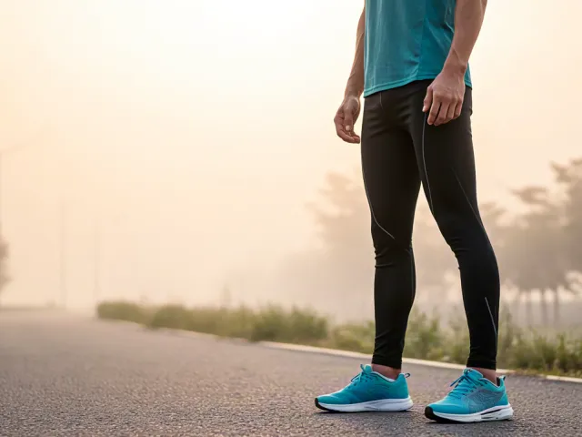 Athletic man standing on empty road in early morning mist preparing for run.
