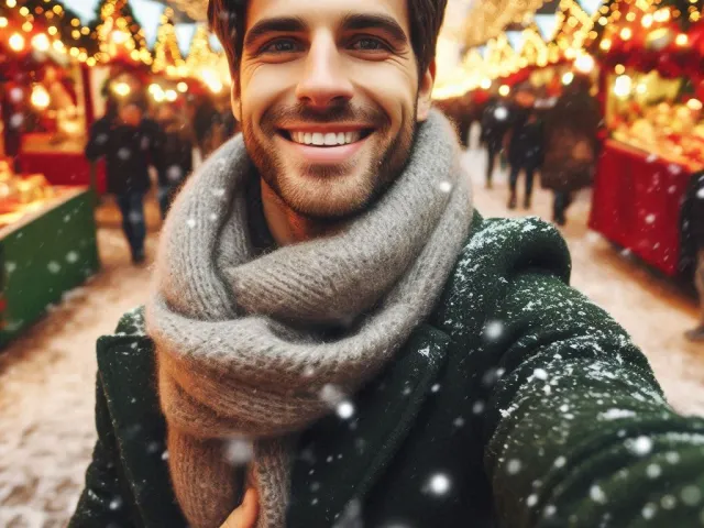 Smiling man taking a selfie at a festive Christmas market