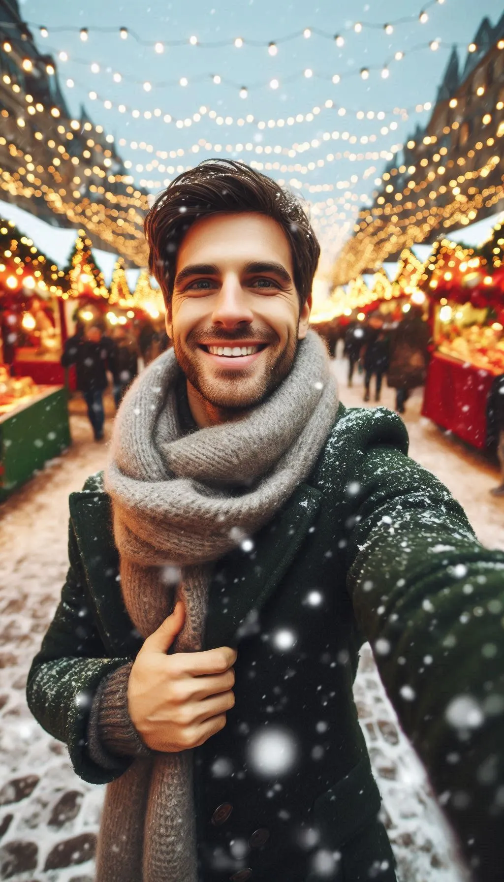 Smiling man taking a selfie at a festive Christmas market