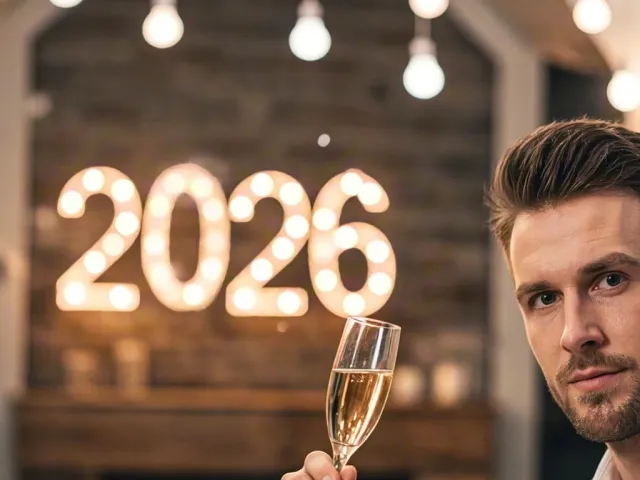 man holding champagne glass with warm glowing 2026 lights behind him