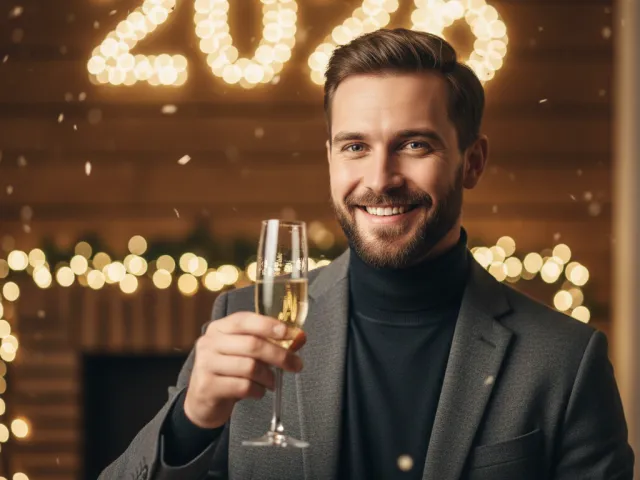 Stylish man holding champagne glass with 2026 lights behind him
