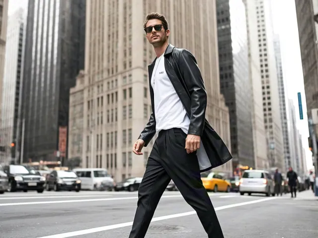 Man walking across city street — lifestyle portrait