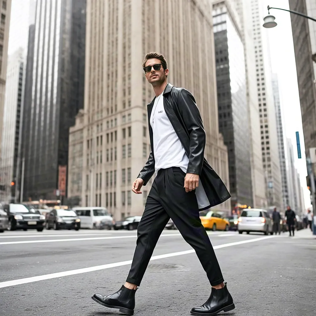 Man walking across city street — lifestyle portrait