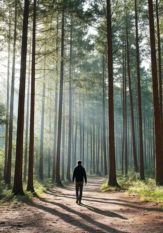 Man walking along forest path illuminated by morning sunlight