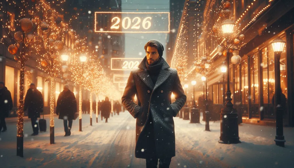 Man Walking in Festive Street with 2026 Lights