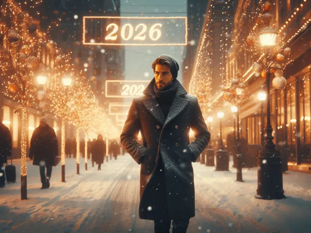 Man walking through a warm holiday street with glowing 2026 sign
