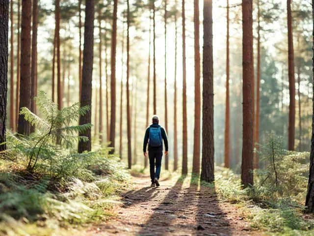 person walking on a path surrounded by tall forest trees