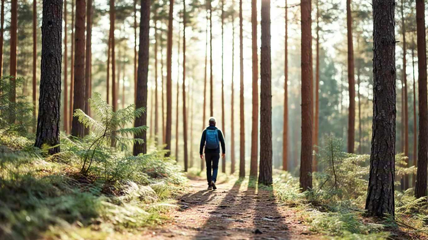 person walking on a path surrounded by tall forest trees