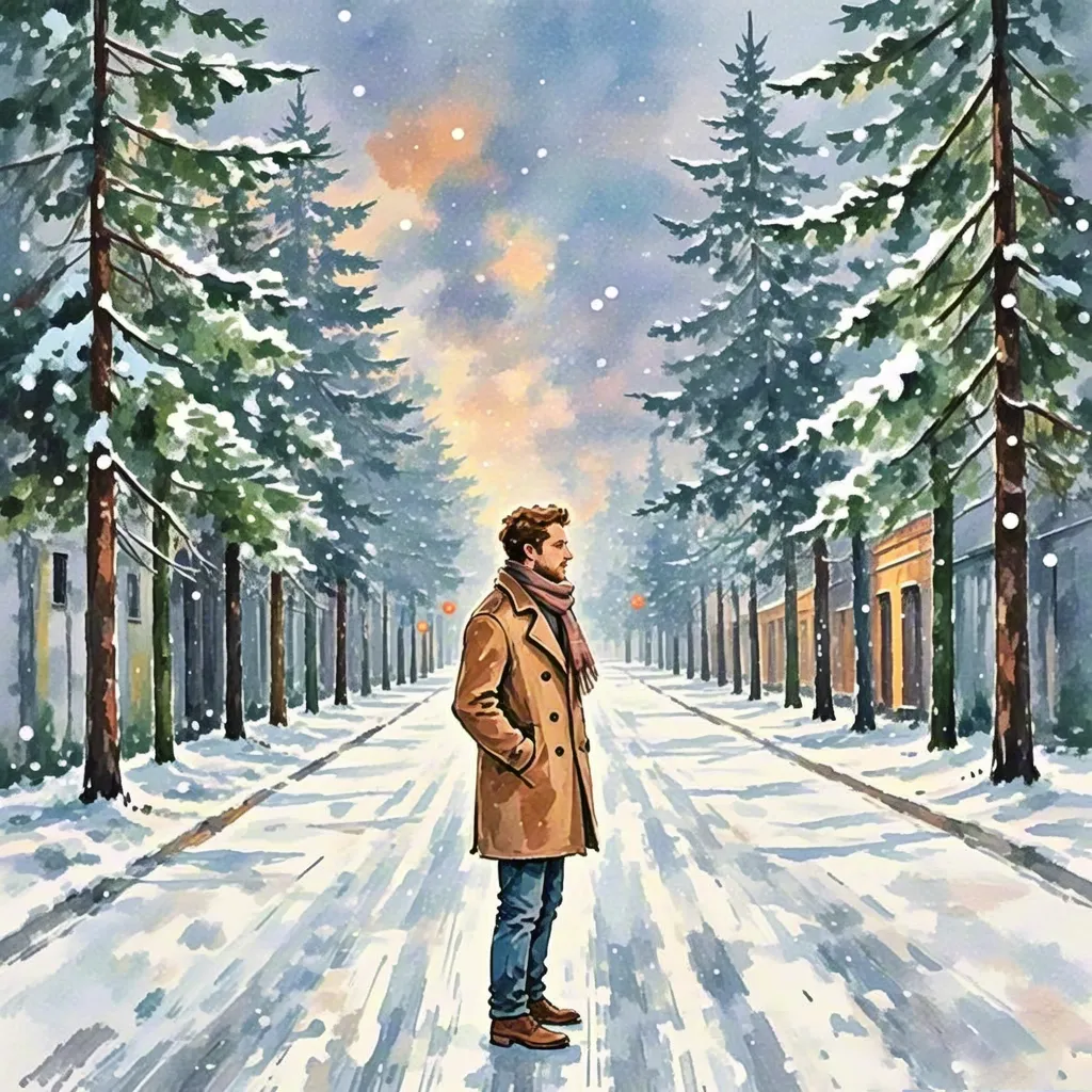 Man walking in snowy park with pine trees