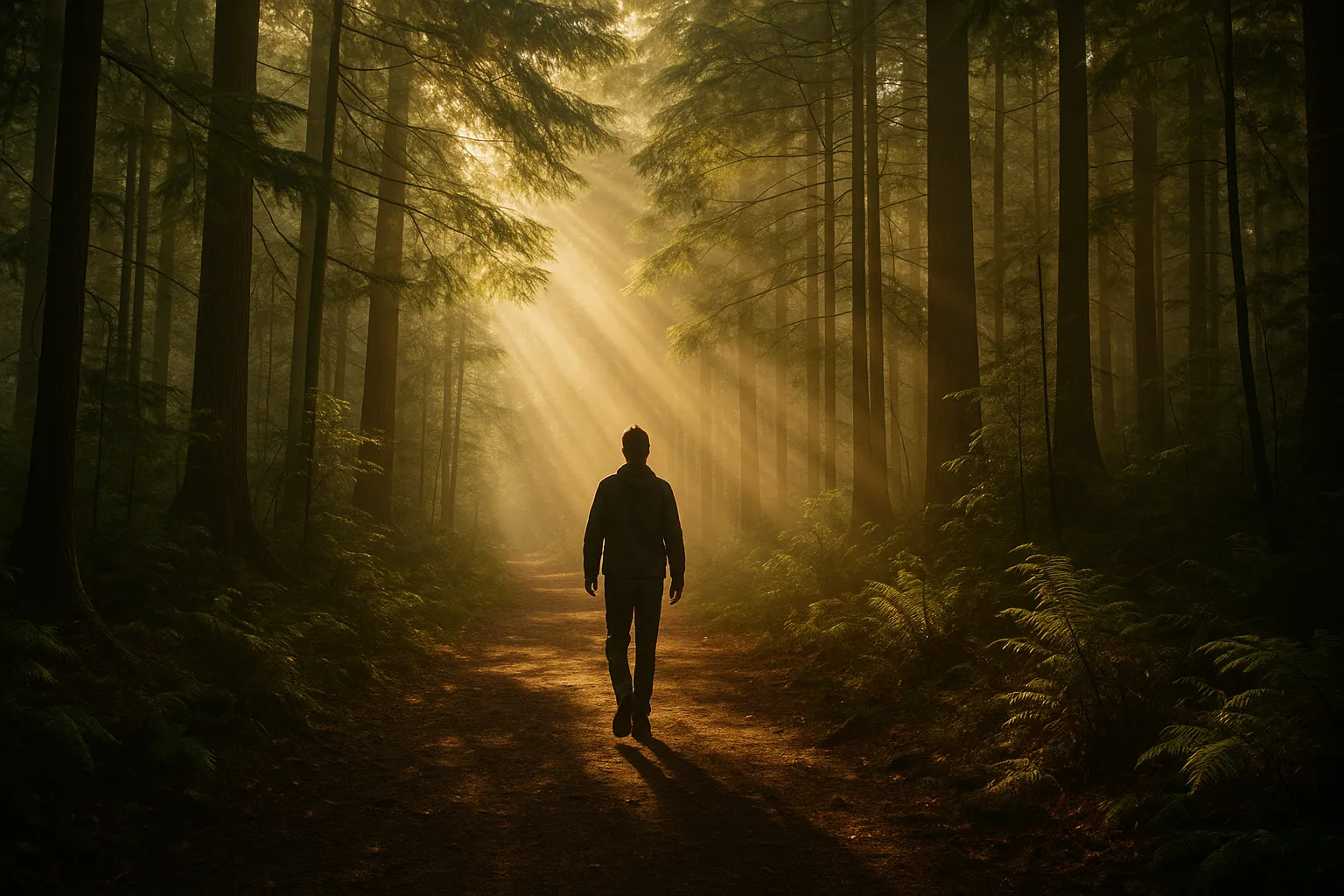 Silhouette of a man walking along a forest trail illuminated by warm morning sunlight and mist