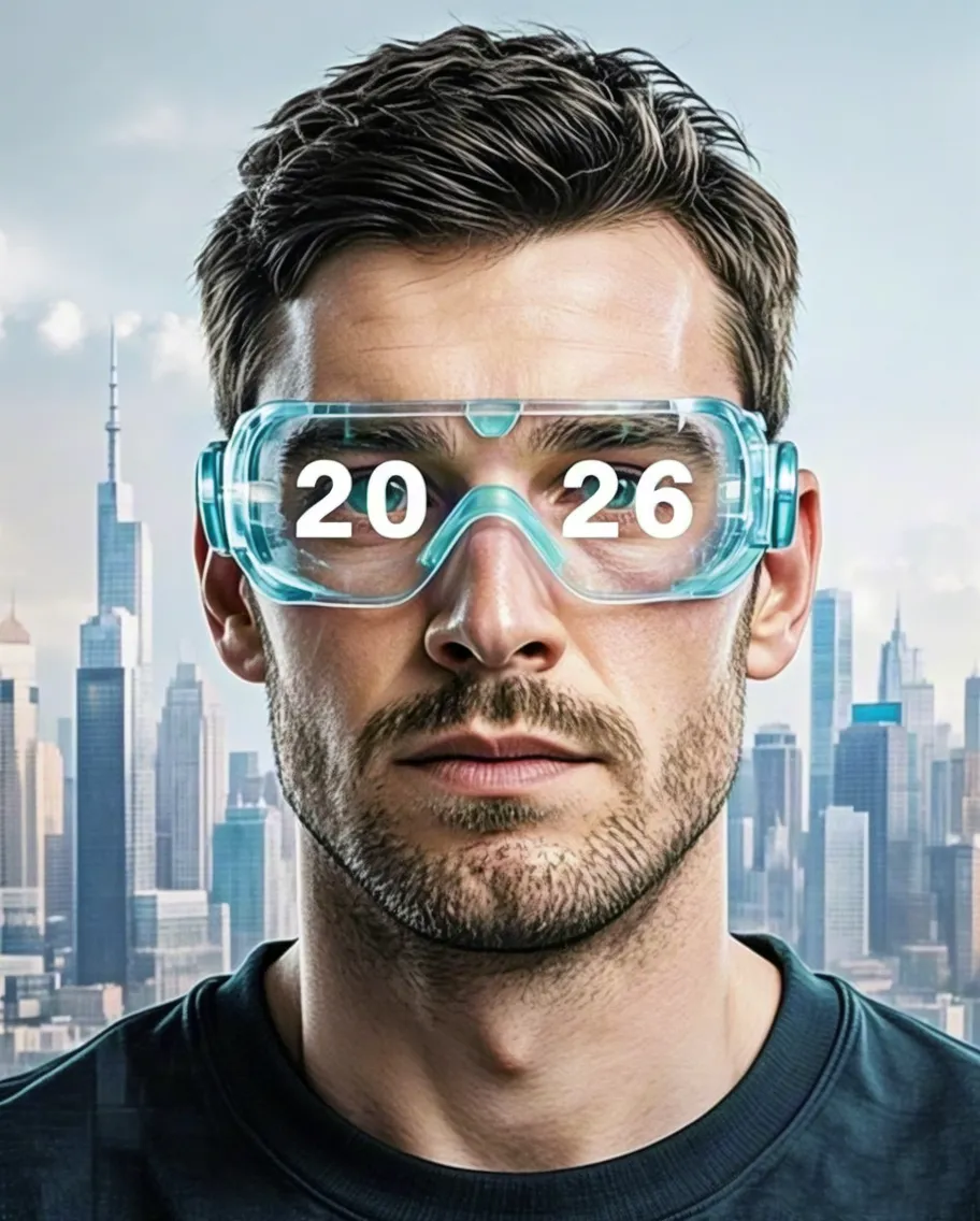 Portrait of a man with illuminated “2026” eyewear and modern city skyline behind him