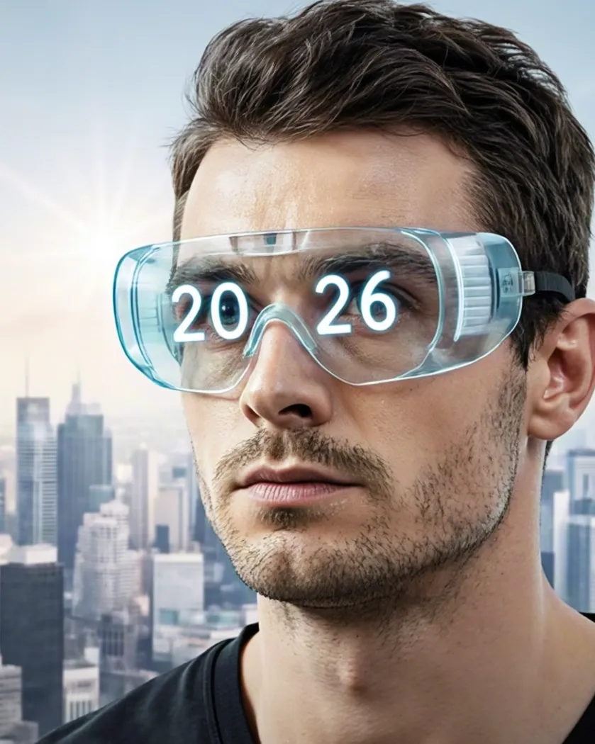 Close-up portrait of man with blue holographic 2026 display over eyes