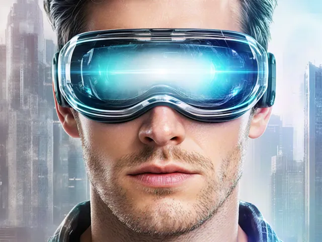 Close-up portrait of man wearing glowing futuristic VR headset