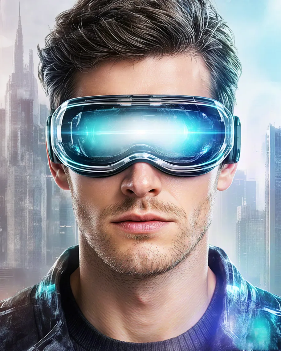 Close-up portrait of man wearing glowing futuristic VR headset
