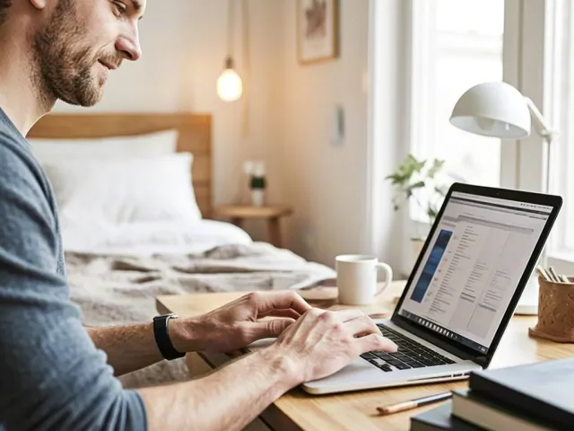 Casual lifestyle photo of a man typing on a laptop while sitting on a bed with soft morning light