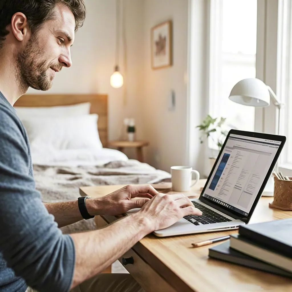 Man working on a laptop at home in a cozy bedroom