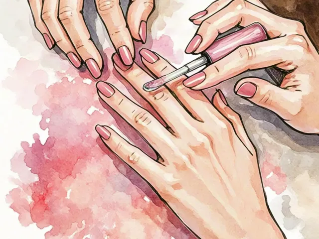 Watercolor close-up of hands receiving manicure and nail care.