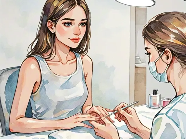 Woman receiving professional manicure in a nail salon environment.