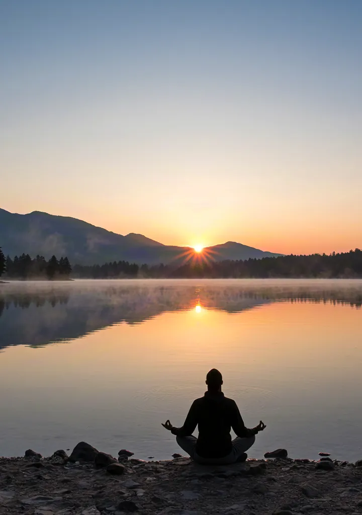 Meditation by the lake at sunrise – mindfulness and balance in nature