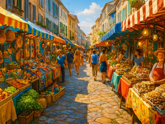 lively outdoor market street with colorful stalls