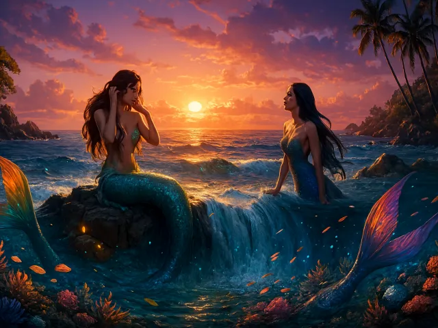 two mermaids at sunset near colorful ocean waves